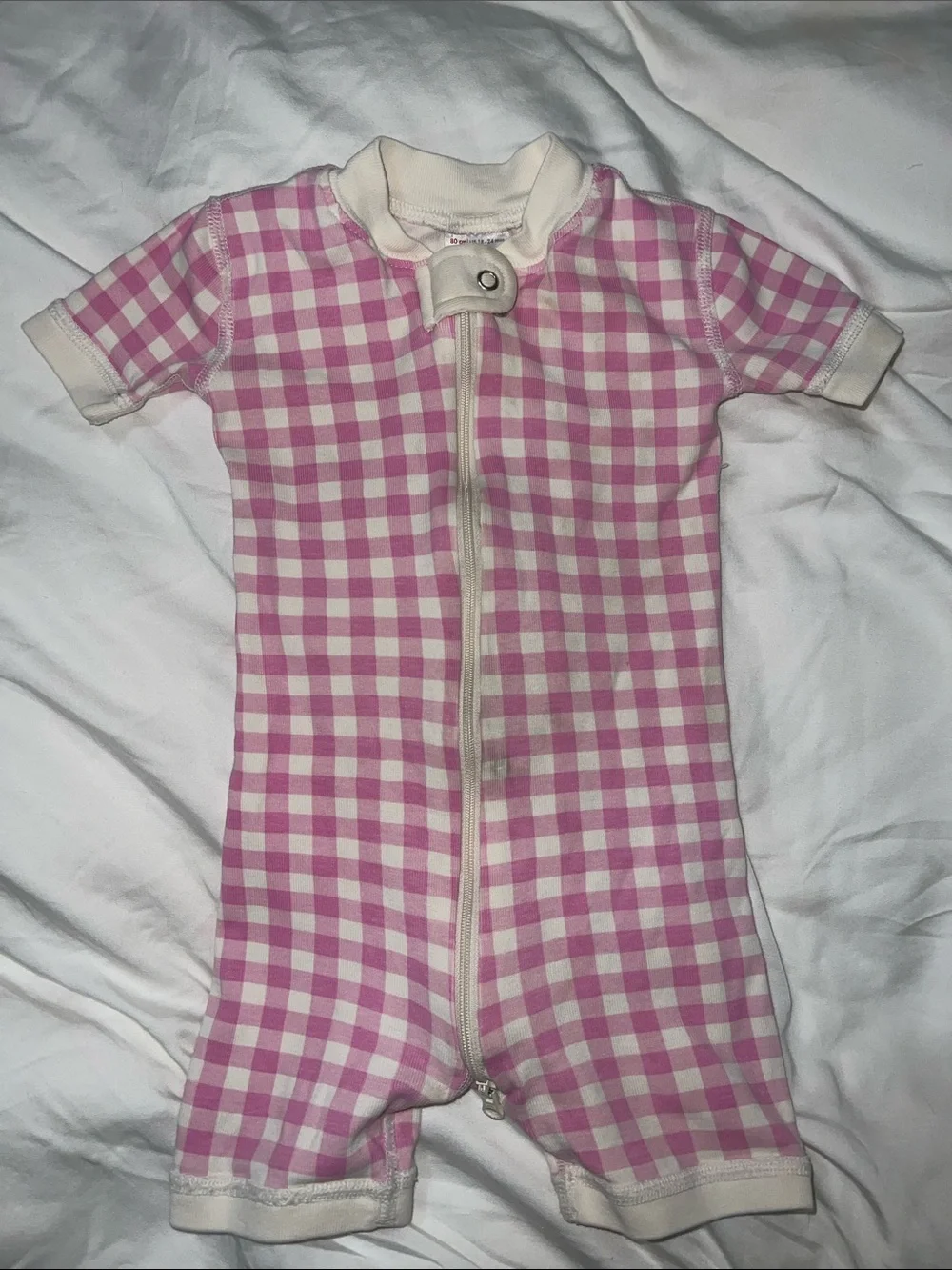 Hanna Andersson Pink and Cream Gingham Short Sleeve Zip Romper Pajamas